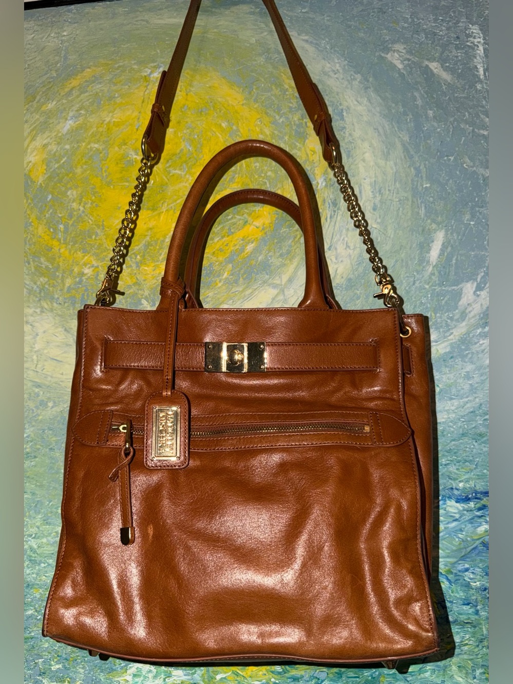 Badgley Mischka Cognac Brown Leather Satchel with Gold Hardware